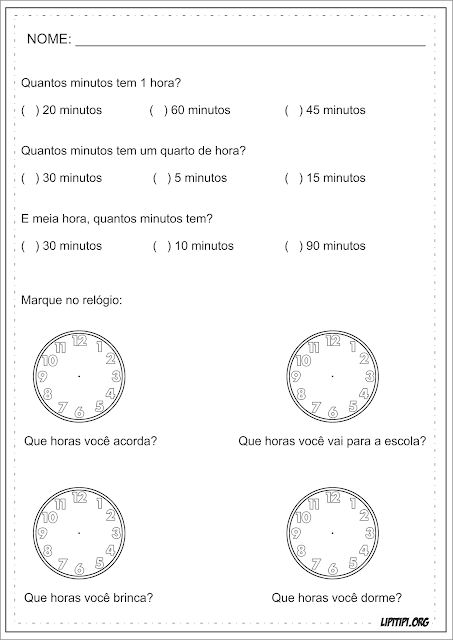 Hora e Minuto Atividade Medida de Tempo