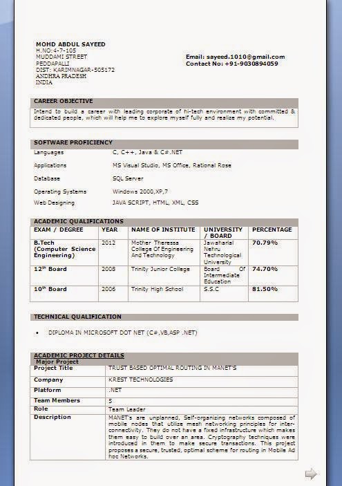 Fresher Computer Engineer Resume Format