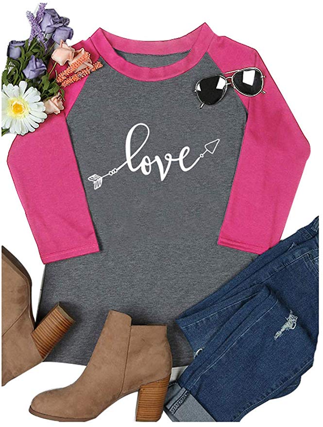   Love Heart Letter Print 3/4 Sleeve O-Neck T Shirt