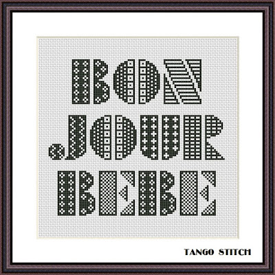 Bonjour Bebe lettering cross stitch pattern, Tango Stitch