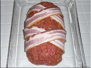 bacon wrapped meatloaf prepared for oven