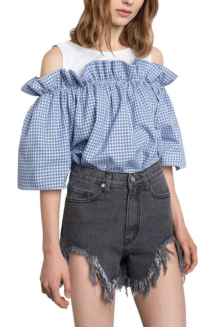 Iyasson Plaid Cold Shoulder Swing Blouse 