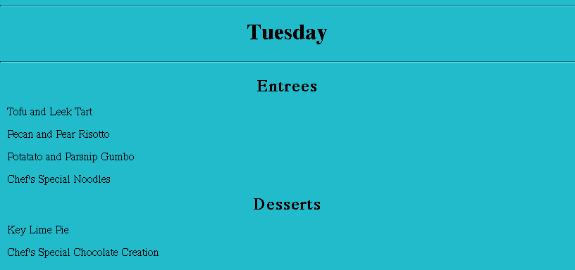 The menulayer display upon choosing the Tuesday option