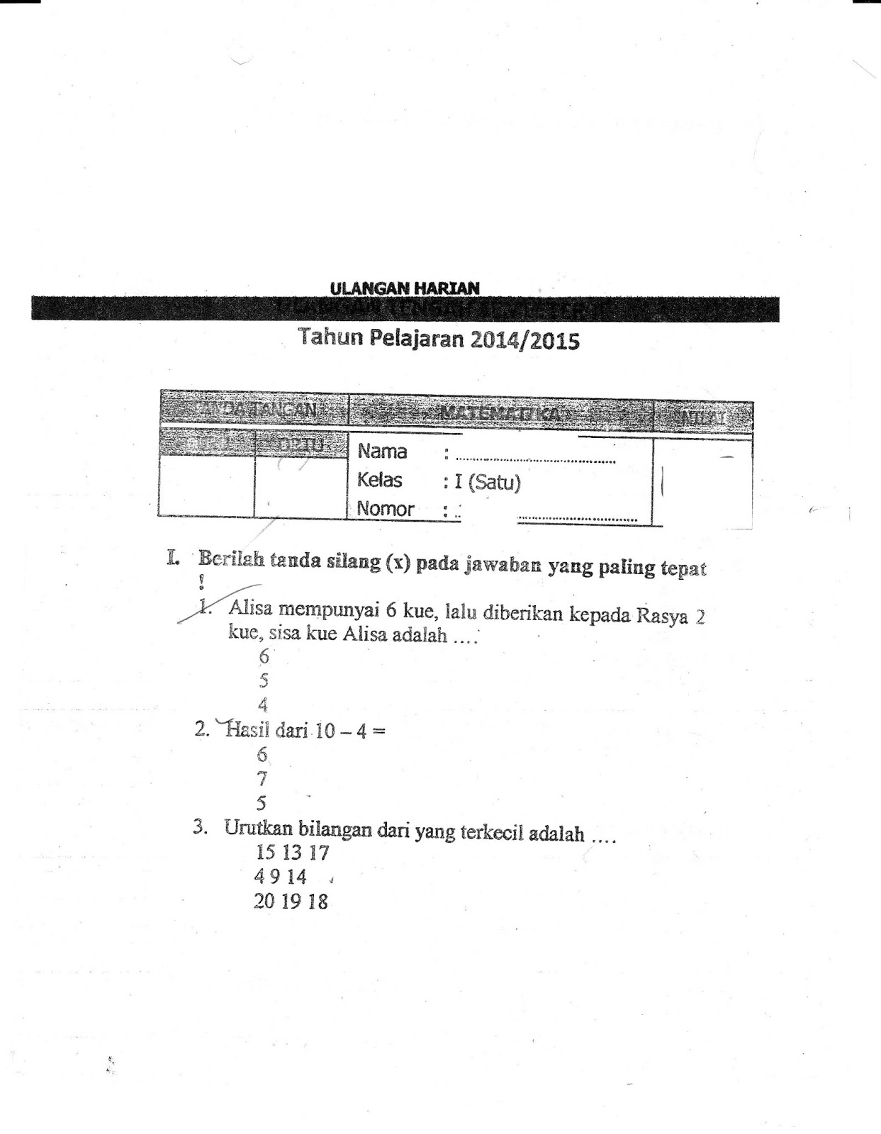 Matapelajaran Matematika SD Kelas 1 Semester Ganjil TA 2014 2015 Kurikulum 2013 Download