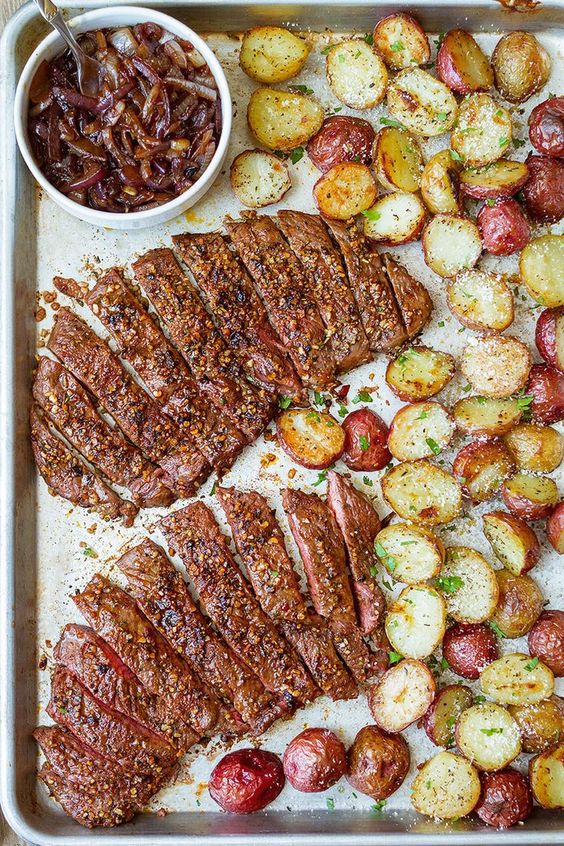 Sheet Pan Steak and Potatoes — An easy and delicious dinner ready in less than an hour. Perfectly seasoned, melt-in-your-mouth tender steak and potatoes are cooked in the oven on one sheet pan. 