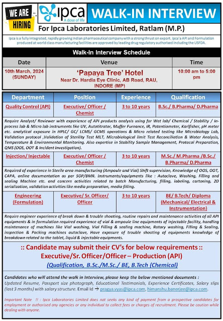 Ipca Laboratories Walk In Interview For QC/ Injection/ Injectable/ Engineering