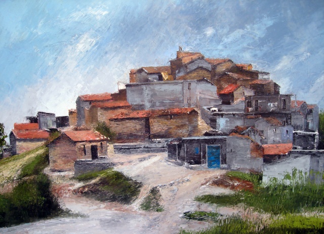 Village kabyle, tableau en peinture à l'huile sur toile de Hocine Haroun