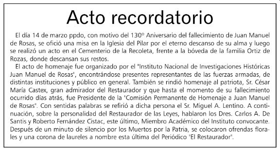 Acto Recordatorio 130 años - Periódico El Restaurador