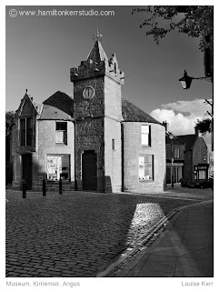 Kirriemuir cobbles reflection Angus Scotland black white town scape