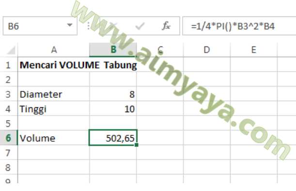  Gambar: menghitung volume Tabung (Silinder) di Microsoft Excel