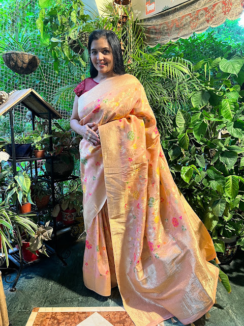 Peach Ektara silk jangla jaal saree