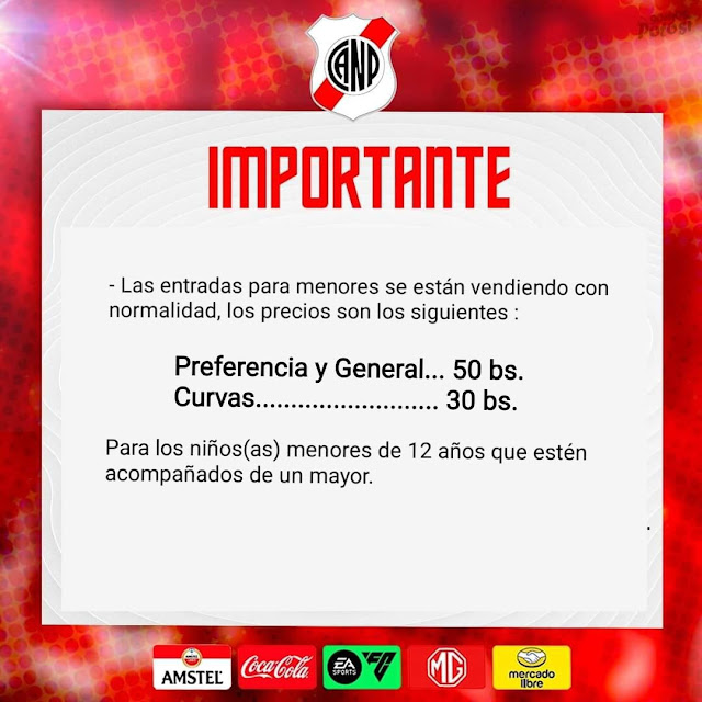 Costo entradas para niños menores de 12 años para el Nacional Potosi vs Boca Juniors