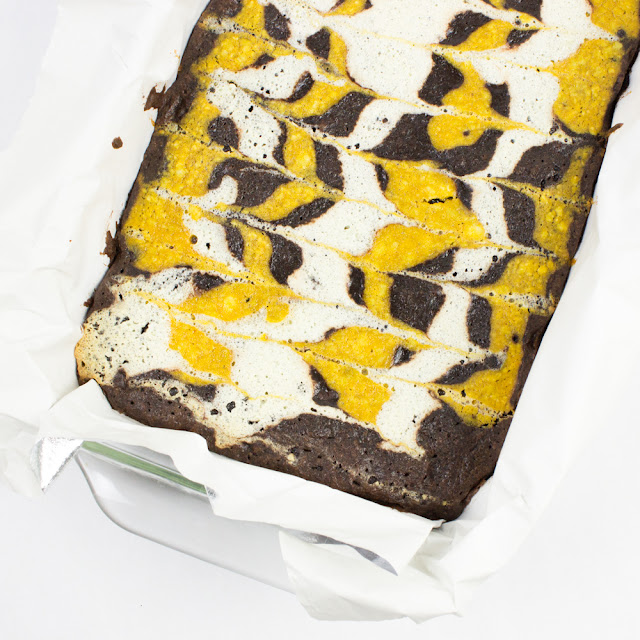 How to Make Groovy Pumpkin, Cheesecake Marbled Brownies- The Easy way to make a groovy fall dessert (with a boxed mix!)