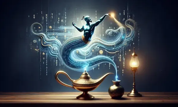 as a represntation of Narrato, a genie emerging from an ornate golden lamp. The genie is a luminous figure surrounded by swirls of light and digital patterns