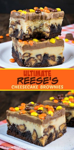 Ultimate Reese's Cheesecake Brownies - swirls of peanut butter and chocolate and lots of Reese's candies turn these cheesecake bars into the best brownies ever! Make this recipe for parties and watch everyone go nuts for them!