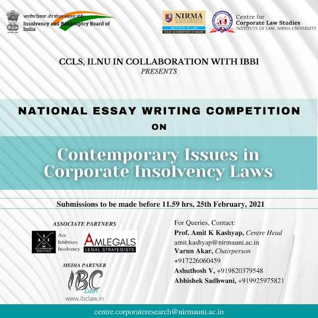 National Essay Writing Competition on Contemporary Issues in Corporate Insolvency Laws, Centre for Corporate Law Studies, ILNU