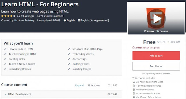 [100% Off] Learn HTML - For Beginners| Worth 99,99$