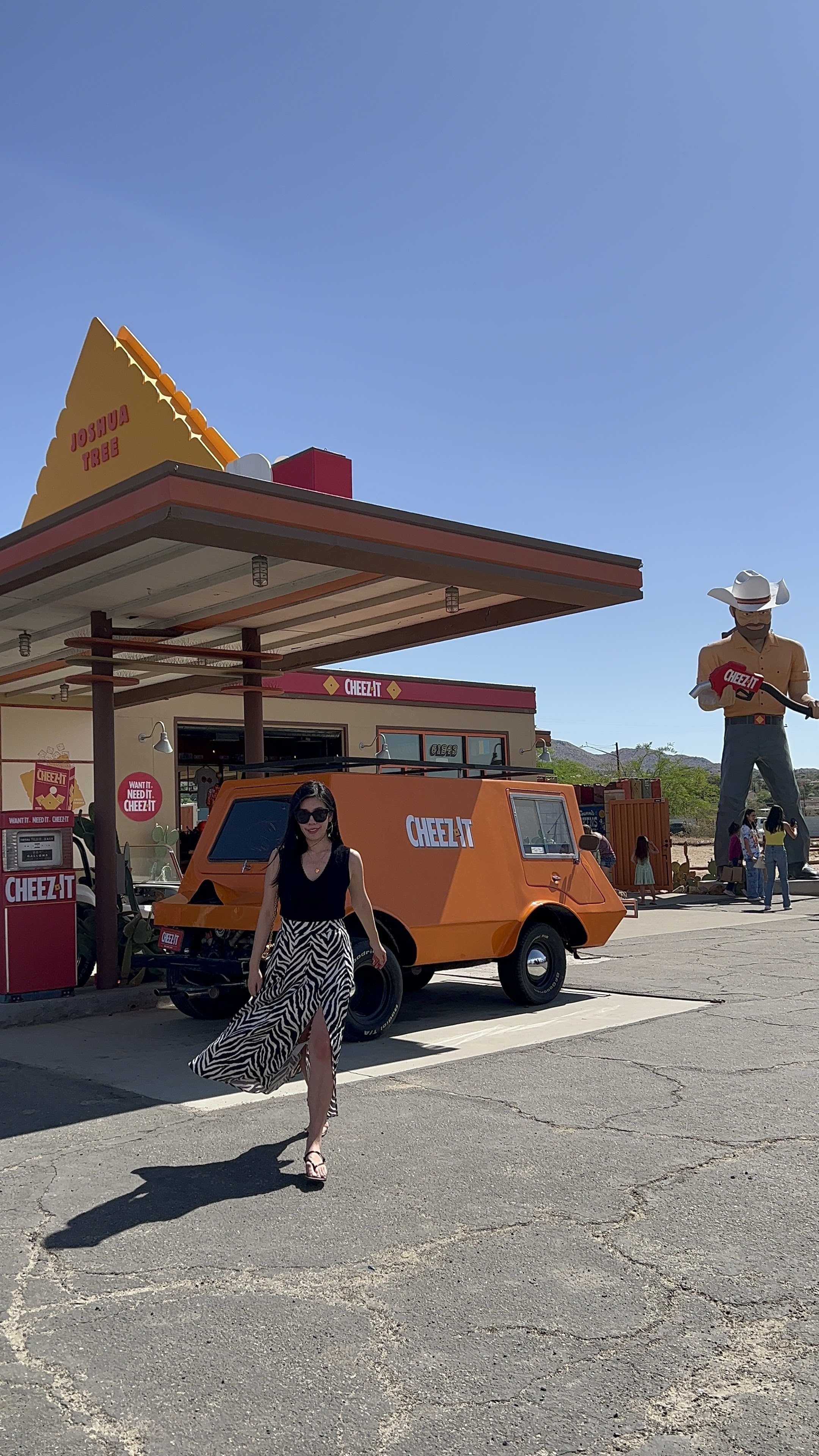 Black and White Outfit_Zebra Slit Midi Satin Skirt with Sleeveless Sweater Vest_Cheez-It Pump Pop Up in Joshua Tree, California_Adrienne Nguyen