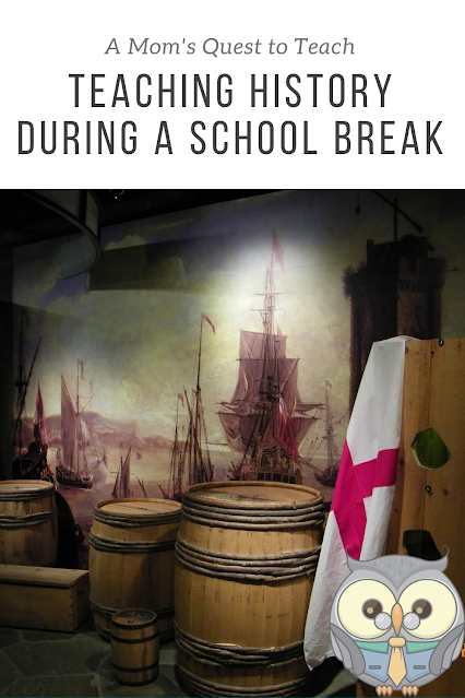 Text: A Mom's Quest to Teach; Teaching History During a School Break; photo of barrels in a museum in Charlestowne Landing