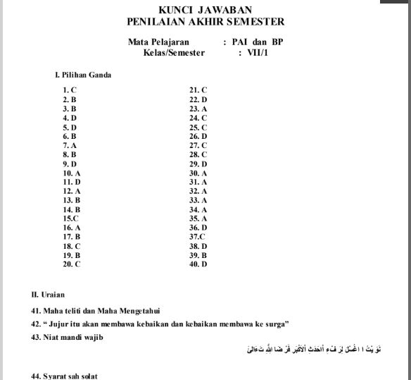 Kunci Jawaban PAS/UAS PAI dan BP SMP/MTs Kelas VII (7) Semester 1 (Ganjil), https://foldersekolahku.blogspot.com