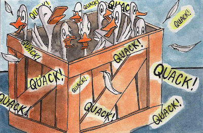 silly funny watercolor illustrated joke duck quack box crate Ky Betts Sketches for Nora