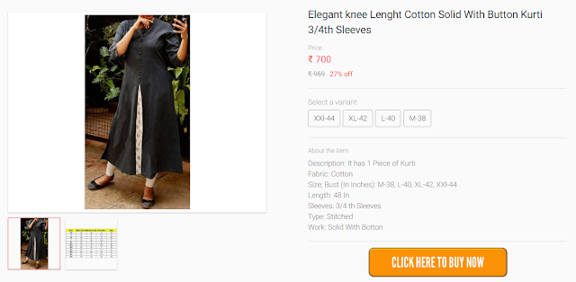  Elegant knee Lenght Cotton Solid With Button Kurti 3/4th Sleeves