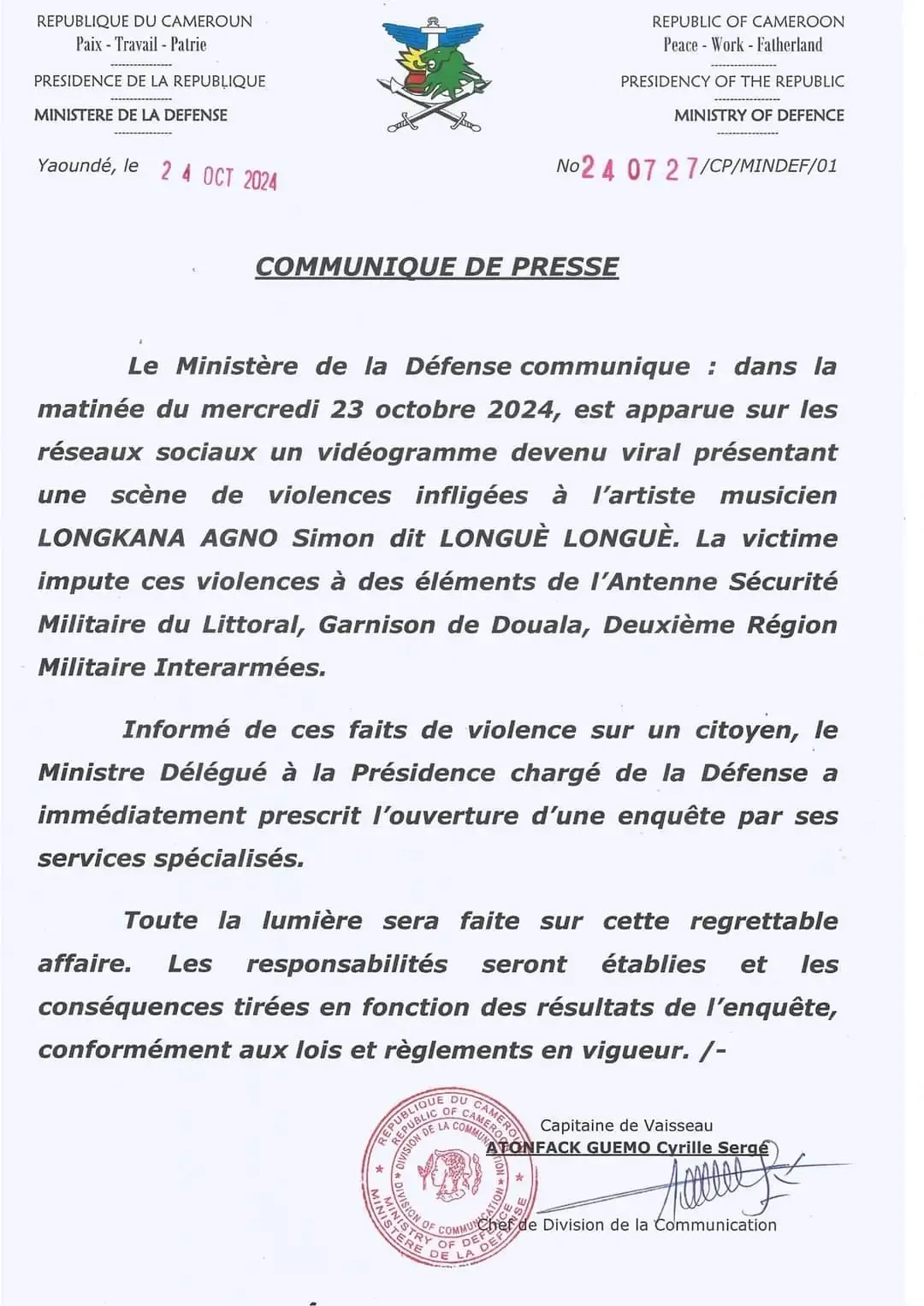 Communiqué de presse du ministère de la Défense sur l'affaire de torture de l'artiste Longue Longue