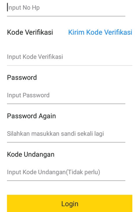 lakukan Verifikasi dengan cara mengisi nomor handphone, memasukkan kode OTP yang telah dikirim melalui sms, membuat password, masukkan kode undangan mQRyiuGD dan pilih "Login".
