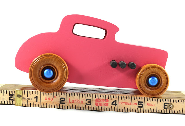Wood Toy Car, Hot Rod '32 Deuce Coupe, Handmade, Painted Pink, Black, Metallic Sapphire Blue, and Amber Shellac, From The Freaky Ford Collection