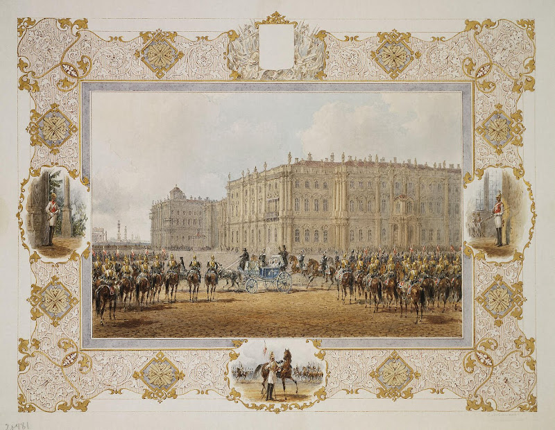 Review of the Horse-Guardsmen's Regiment in Front of the Winter Palace by Vasily Semyonovich Sadovnikov - Landscape Drawings from Hermitage Museum