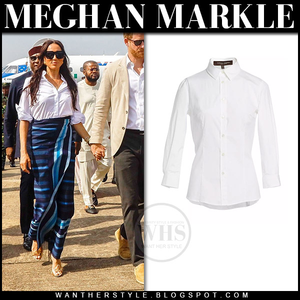 Meghan Markle in white shirt and blue wrap skirt