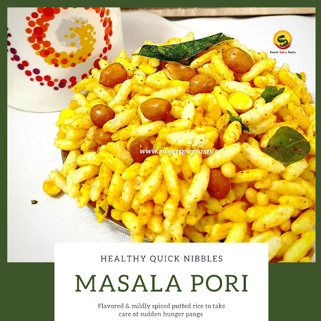 Masala Pori or Khara pori is a snack that can be put together in no time and takes care of the mid evening hunger pangs and is liked by people of all ages . Kadle.pori , masal pori , khara puri , sukha  bhel , masala mammara , sev mamra , khara mamra , sev kurmura .