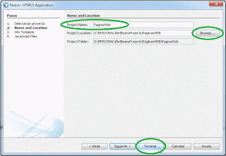 Asignando un nombre y una ubicación al proyecto HTML5.