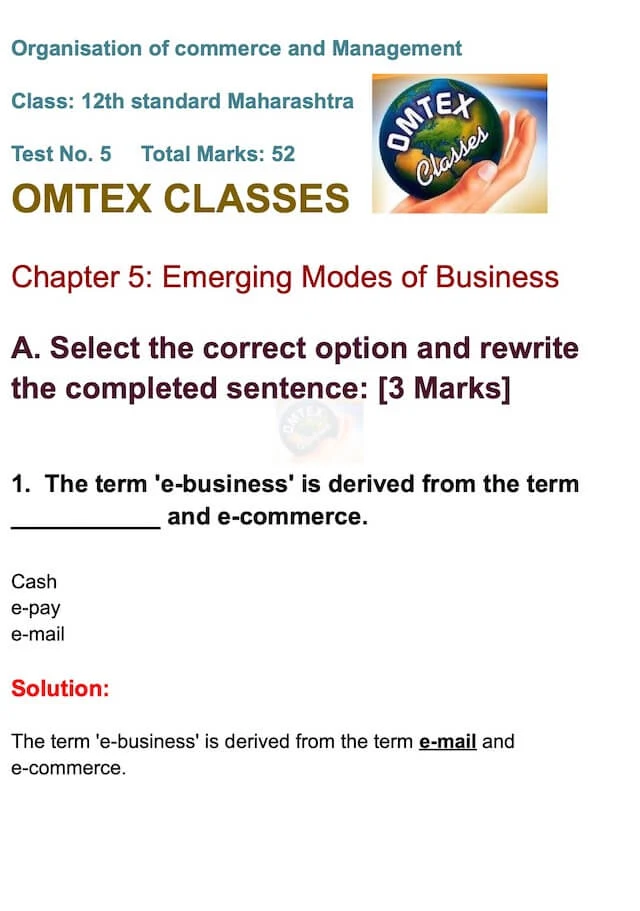 OCM Test No. 5. Class: 12th Standard Maharashtra Chapter 5: Emerging Modes of Business