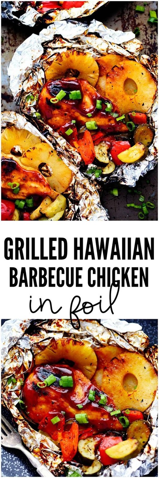 Grilled Hawaiian Barbecue Chicken in Foil has the most amazing sweet and tangy pineapple barbecue sauce! It grills to perfection with sweet pineapple and delicious summer veggies!