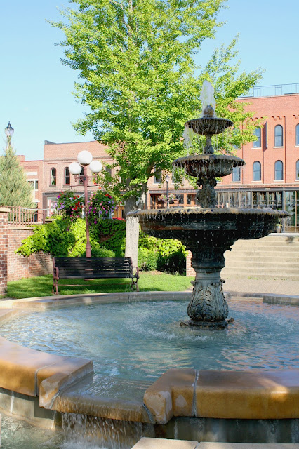 Fountain and flower baskets in Red Wing, Minnesota.