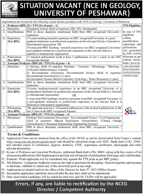 NCE In Geology University Of Peshawar Jobs 2023 Download Application form