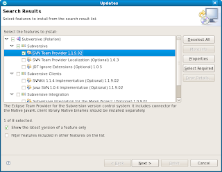 Updates dialog with SVN Team Provider 1.1.9.02 selected to install