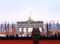 President Ronald Reagan speaking in front of the Brandenburg Gate at the Berlin Wall, June 12, 1987.