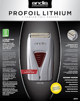 A close-up image of the Andis Pro Foil Lithium Titanium Shaver, a sleek and professional grooming tool.