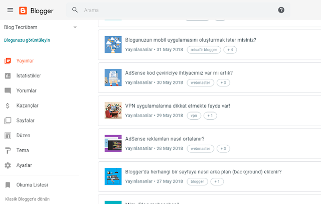 Yeni Blogger yayınlar kısmı