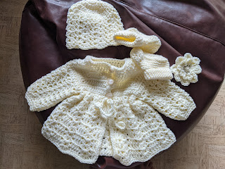 A Chevron Baby Jacket set with cap & booties - free pattern info from Sweet Nothings Crochet