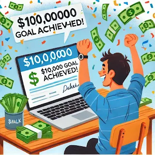 "A joyful individual celebrating reaching their $10,000 savings goal, symbolizing financial success."