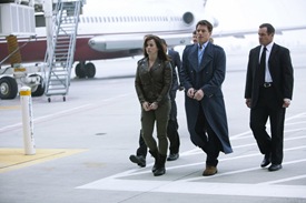 Eve Miles is Gwen Cooper and John Barrowman is Captain Jack Harkness in Torchwood: Miracle Day - "Rendition"
