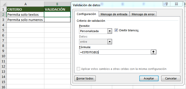 ¿Cómo validar celdas que permita solo texto en excel?