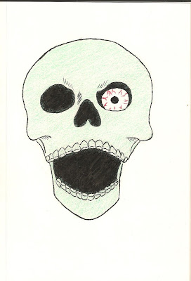 A skull with an eye-ball staring out of the left socket.