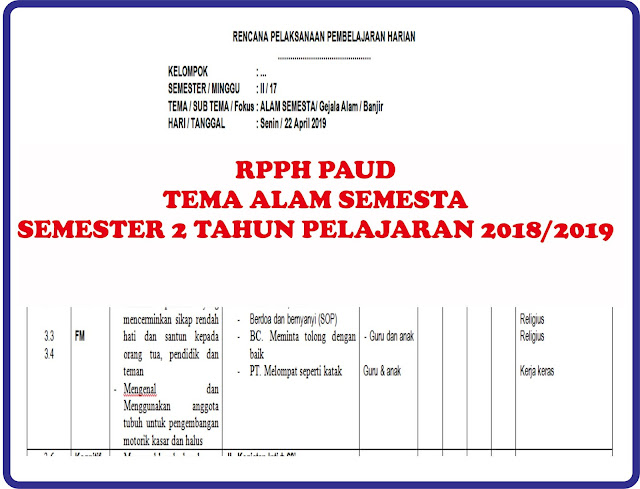 RPPH PAUD TEMA ALAM SEMESTA SEMESTER 2 TAHUN PELAJARAN 2018/2019