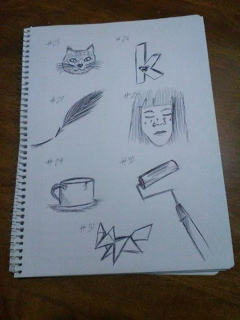 Image description: a drawing notebook with seven inktober drawings; a black cat, a 3D letter k with a frown face, a fountain pen, a girl with her eyes closed and stars on her face, a cup of tea, a paint roller and an origami fox. End description