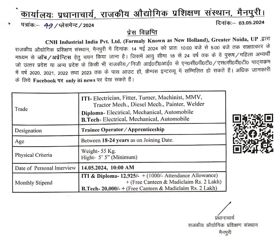 New Holland Campus Recruitment Drive: CNH Industrial India Hiring ITI, Diploma, and B-Tech Graduates at Government ITI Mainpuri, Uttar Pradesh