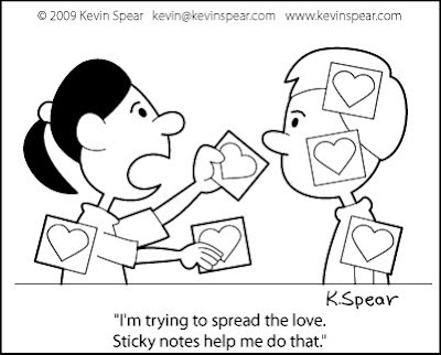 Cartoon of a girl and boy. Girl says, "I'm trying to spread the love.